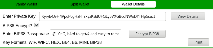 A "Wallet Details" tab screenshot of the Bitaddress web application showing how to encrypta a Bitcoin private key you alread have using the BIP38 format