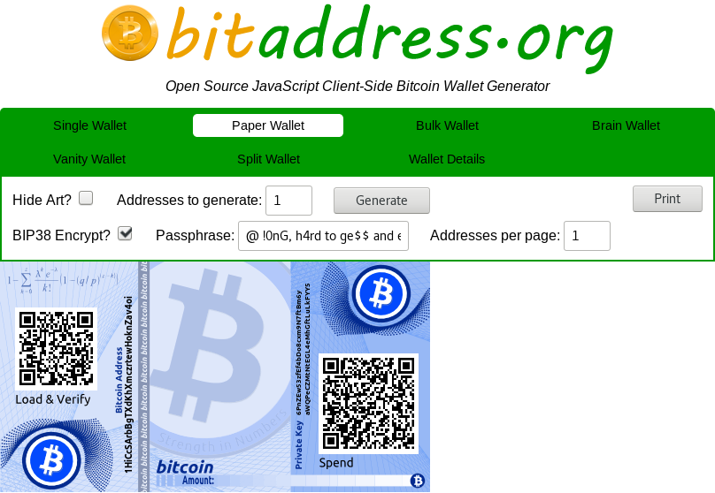 A "Paper Wallet" tab screenshot of the Bitaddress web application showing how to generate a new Bitcoin BIP38 private key